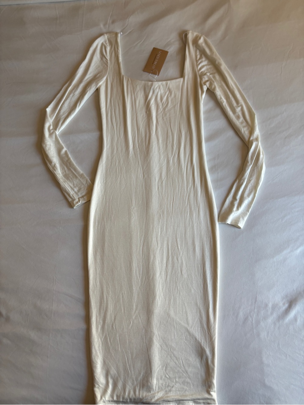 Naked Thread Ivory Bodycon Double Layered Midi Dress Square Neck Long Sleeve NWT